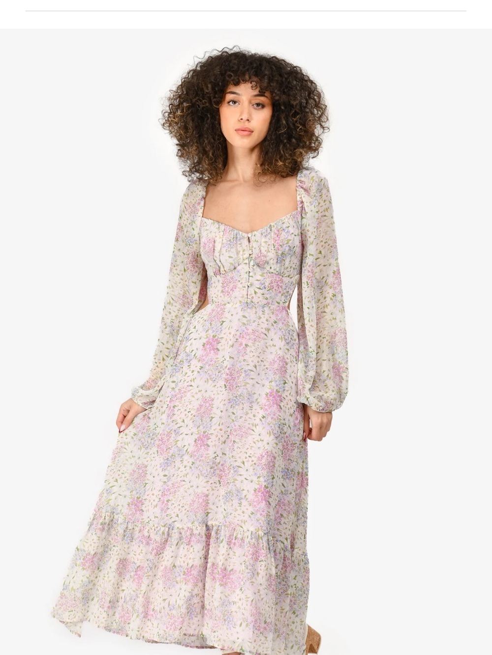 Astr the Label Floral Square-Neck Long Sleeve Midi Dress in Light Pink and Cream